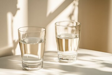 Two glasses of water sitting under sunlight with shadows