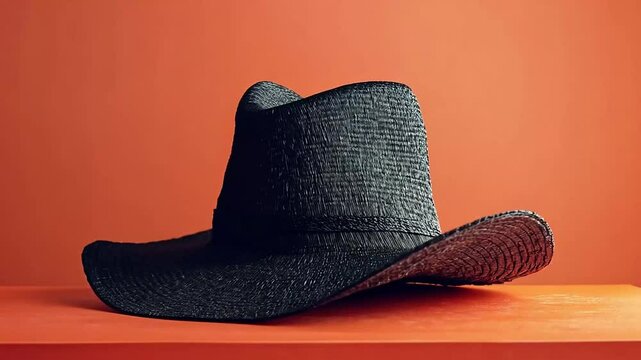 A black straw hat sits atop a matching surface, against a vibrant orange backdrop