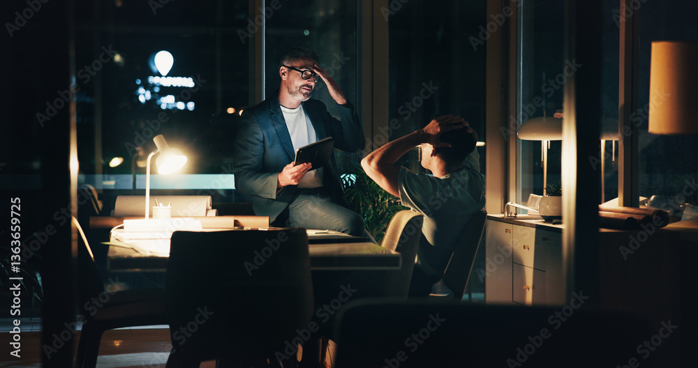 Leinwandbilder Night, meeting and tablet for shock, feedback success and overtime work for data analysis notes. Business men, mentor and collaboration for web design, cloud computing or b2b networking deadline