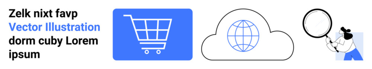 Shopping cart symbolizing e-commerce, globe in cloud representing online connectivity, person examining details. Ideal for e-commerce, cloud technology, global networking, research, digital
