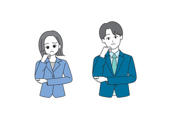 腕組みをするスーツ姿の男女のイラストセット（ブルー）