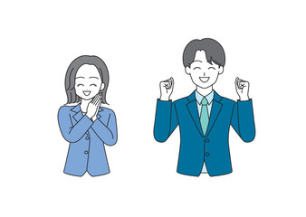 ガッツポーズをするスーツ姿の男女のイラストセット（ブルー）
