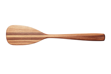 Wooden cooking spatula with striped design on white background, cut out