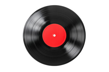 Obraz premium Classic black vinyl record with red label on black background, cut out