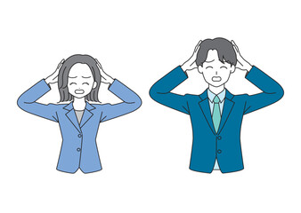 頭を抱えるスーツ姿の男女のイラストセット（ブルー）