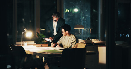 Night, meeting and tablet for feedback, teamwork and overtime work for data analysis. Business men,...