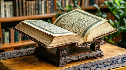 Obraz premium Ancient Quran on Wooden Lectern in Library Setting