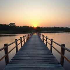 Fototapeta premium Wooden fishing pier extending over calm river, sunset glow, wood, perspective, scene
