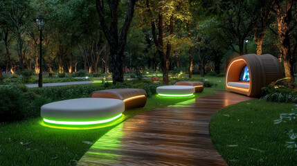 Fototapeta premium a futuristic city park with hover benches and holographic displays