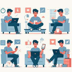 vector young man playing laptop 