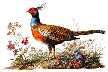 Fototapeta premium Vibrant pheasant bird in floral habitat nature scene isolated on transparent background