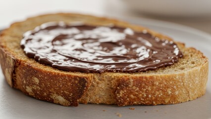 Close-up of toasted bread with chocolate spread. Food indulgence.