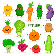 Set of cartoon vegetable characters. Cute broccoli, potato, carrot, tomato, pepper, eggplant, onion, cucumber, Chinese cabbage, avocado, pumpkin for kids. Food illustration for menu, games. 