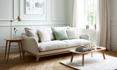 Fototapeta premium Modern couch in bright living room interior design