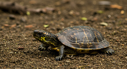 Obraz premium Eastern Box Turtle Strolling on Earthy Ground Close Up Detailed View