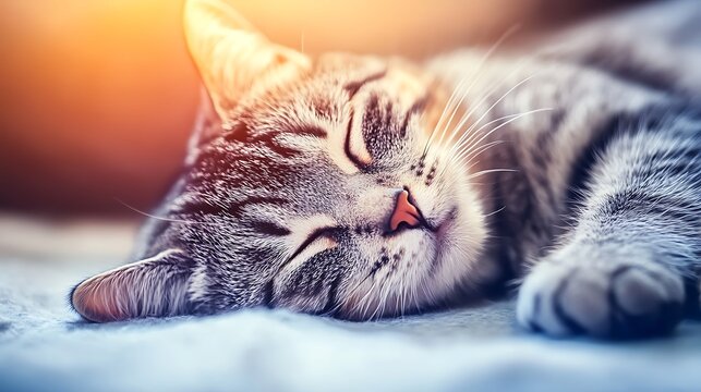 Close-up of a grey tabby cat sleeping peacefully.