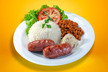 Rice beans sausage grilled salad and farofa