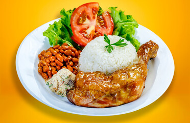 Rice, beans, roast chicken, salad and farofa