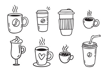 Coffee cups doodle set. coffee cup hand drawn line signs. Outline coffee cups