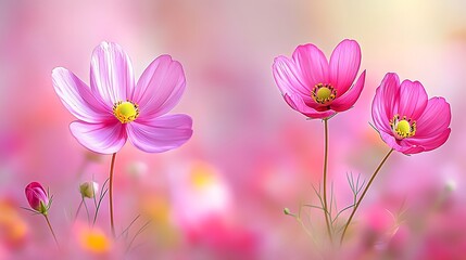 Three pink cosmos flowers in soft focus.