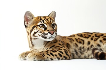 Ocelot Lying Down Looking Up with Spotted Fur on White Background