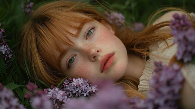 Redhead Girl Amidst Lilacs: A Dreamy Portrait