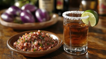 Spicy Tequila Shot with Salsa and Eggplants