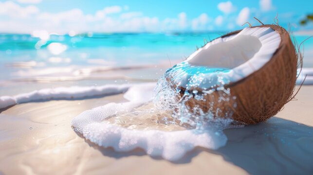 Refreshing Coconut on a Tropical Beach with Crystal Clear Water and Sandy Shoreline