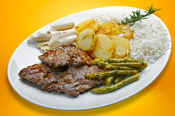 Beef asparagus, potatoes and rice
