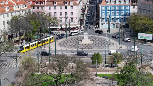 Duque Da Terceira Square At Lisbon Lisbon District Portugal. Aerial View Of A City Park Surrounded By Busy Streets And Buildings. Town Sky Clouds Backgrounds Urban. Town Panorama.