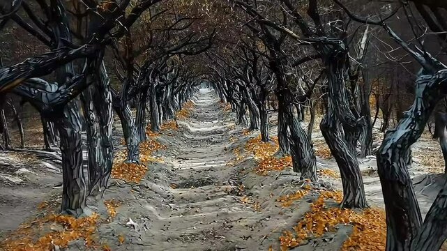 Autumn trees create a shadowy tunnel over a path strewn with leaves. Dark, moody tone