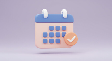 A pastel calendar icon cheerfully displaying a completed task, signifying successful scheduling and planning with a soft lilac background.