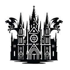 Gothic Cathedral Silhouette with Gargoyle Statues
