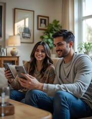 happy couple use phone happily