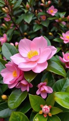 Fototapeta premium Delicate pink camellia, vibrant green foliage, lush botanical arrangement, camellia, botanical, green