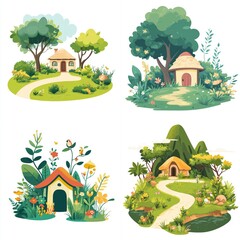 Charming Cartoon Cottage Scenery with Lush Greenery and Winding Paths