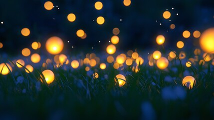 Magical Night Scene Glowing Lights in Grass Fairy Lights Bokeh Background