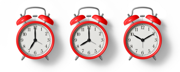 Red twin bell Alarm Clock analog classic vintage retro style, isolated on a transparent background, PNG. High resolution.