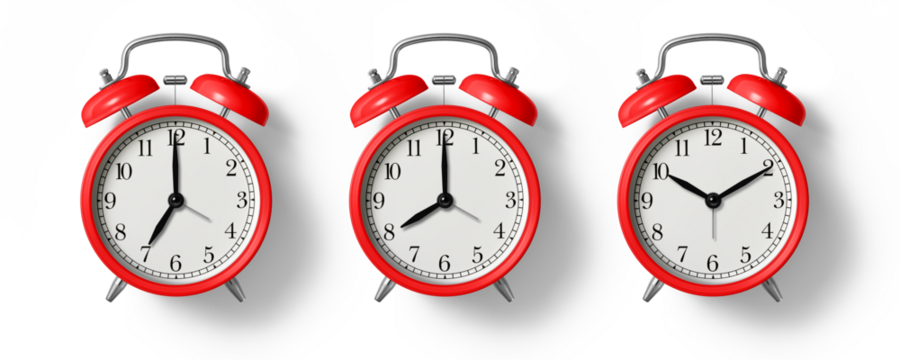 Red twin bell Alarm Clock analog classic vintage retro style, isolated on a transparent background, PNG. High resolution. 