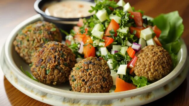 Baked falafel with tahini sauce and a side of tabbouleh salad