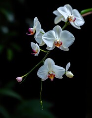 Obraz premium Elegant white orchid branch, delicate blossoms and lush green leaves, luxury, photo