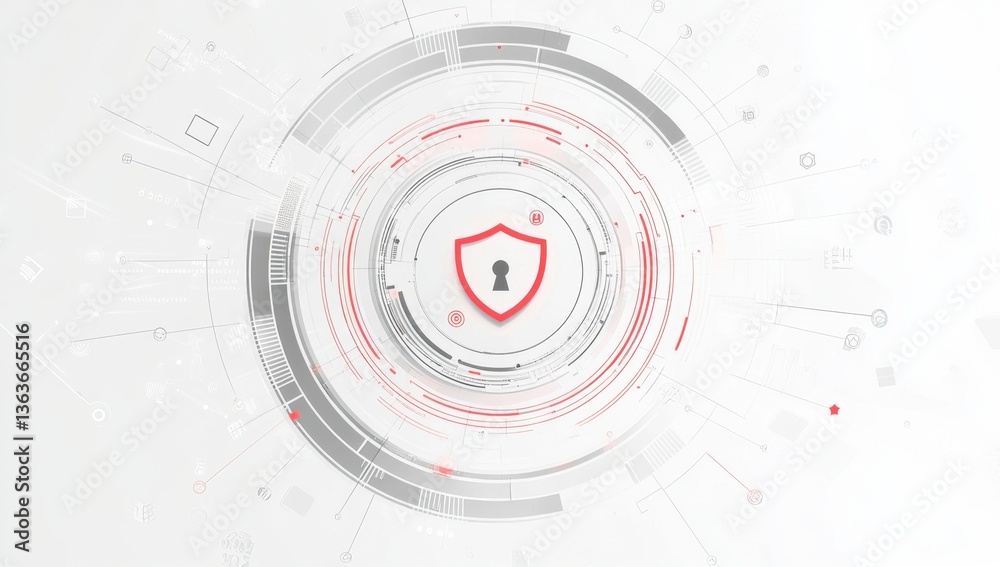 Poster a white background with gray and red lines, creating an abstract circular pattern around the center 