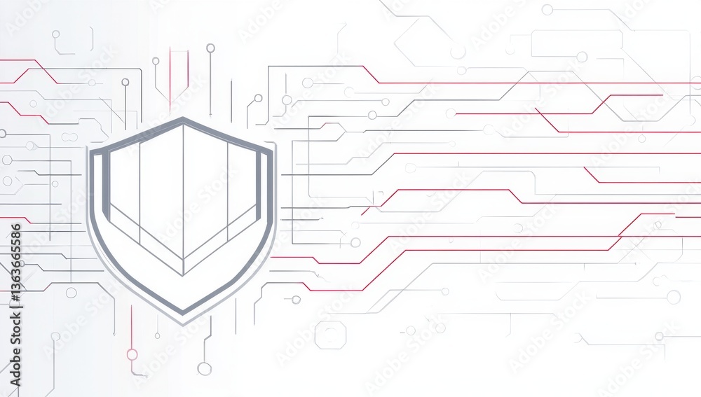 Poster simple line art, white background with gray and red lines creating an abstract tech grid pattern, on