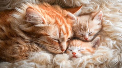 Obraz premium Mother's day close up portrait of fluffy ginger cat sleeping next to her two babies with detailed fur