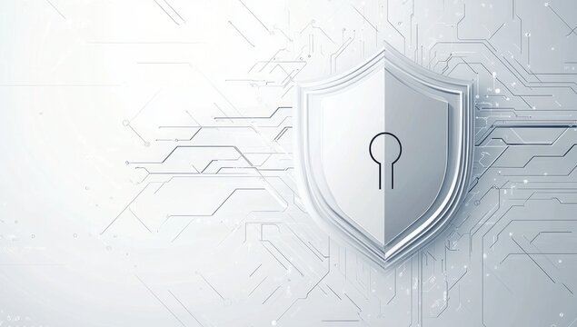 background with a security shield symbol and tech lines on a light grey backdrop, using a white color palette. This technology concept illustration depicts digital data protection Generative AI