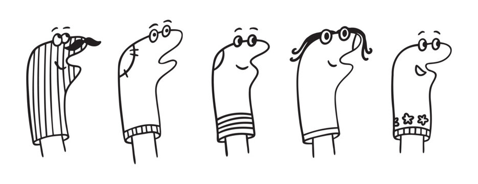 Funny sock dolls doodle hand drawn icon. Outline drawing theatrical characters. Home puppet theatre line clipart symbol. Socks with eyes and mouth 