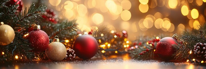 Warm fairy lights illuminate red and gold ornaments nestled among pine branches in a festive Christmas display