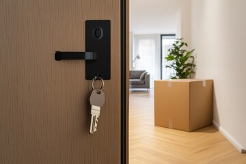 Moving house key inserted into the lock with the living room visible in the background