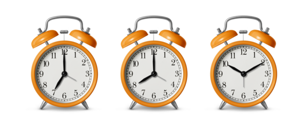 Orange twin bell Alarm Clock analog classic vintage retro style, isolated on a transparent background, PNG. High resolution.