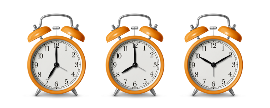 Orange twin bell Alarm Clock analog classic vintage retro style, isolated on a transparent background, PNG. High resolution. 